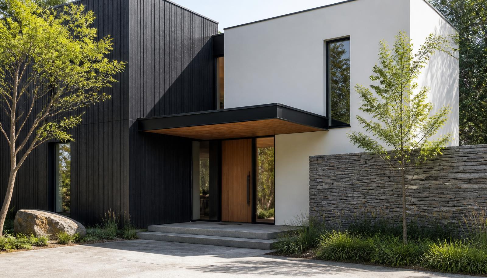 Entrance of the residence in black timber and white stucco