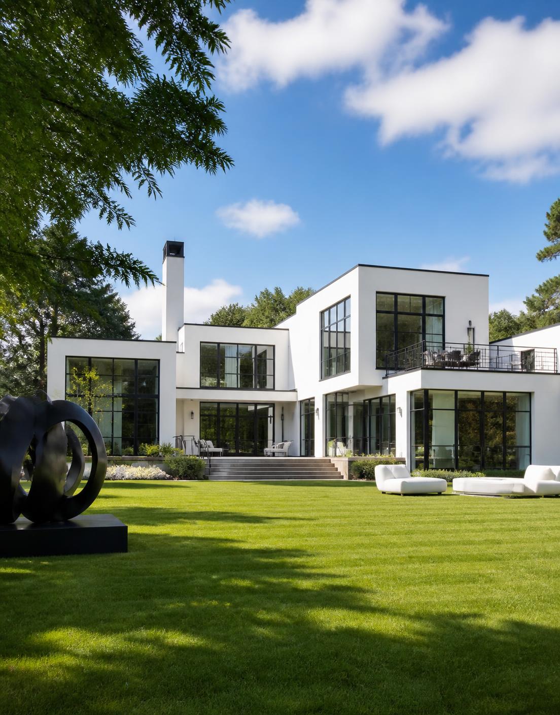 White modernist villa across a green lawn