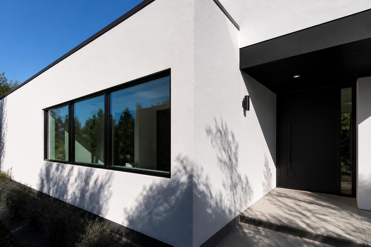 White stucco facade with long black-framed windows