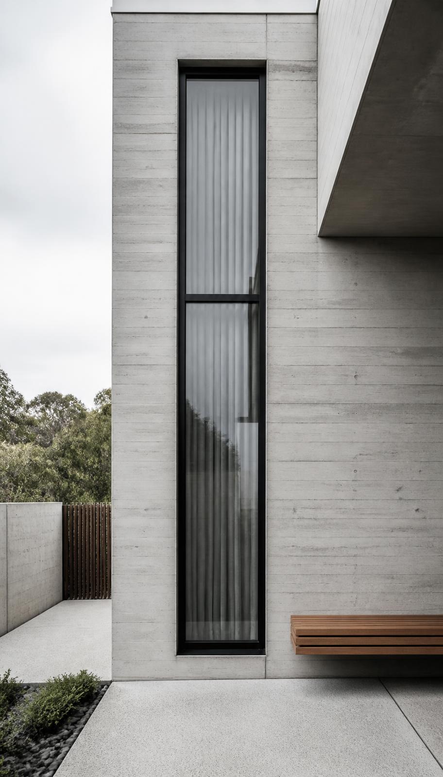 Board-formed concrete facade with a tall black-framed window