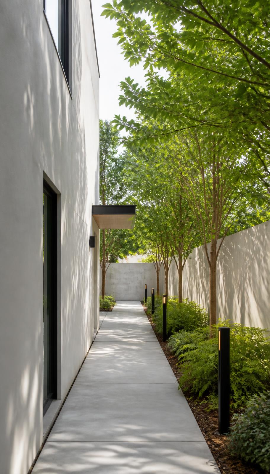 Tree-lined concrete pathway beside the residence