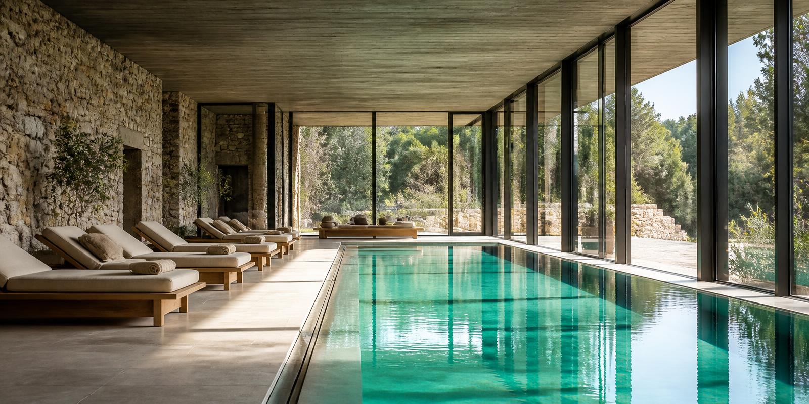 Glass-walled indoor pool pavilion with loungers